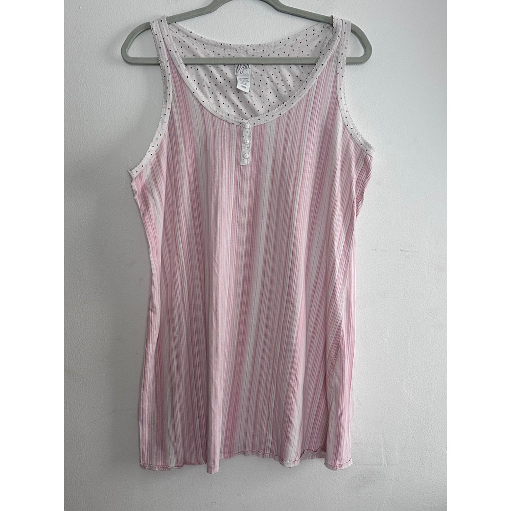 Aria Pink White Striped Henley Nightgown Sleeveless Polka Dot Lace Trim Large